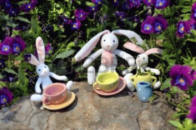 Easter Bunnies and Tea Cups in Pansy Garden