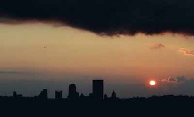 Pittsburgh at sunset with looming storm