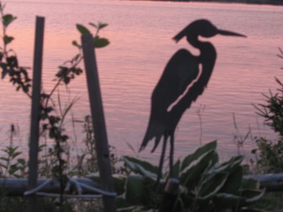 Bird figure overlooking river sunset