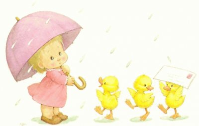 niÃ±a con patitos bajo la lluvia