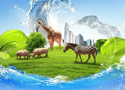 Paisaje fantasÃ­a con animales, ciudad y agua