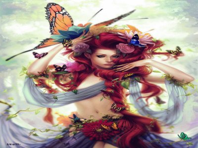 Mujer pelirroja con mariposas y flores jigsaw puzzle