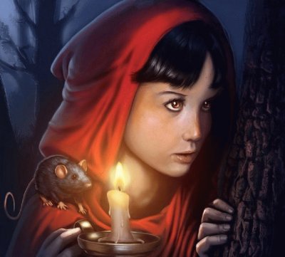 NiÃ±a de rojo en el bosque con una rata y una vela