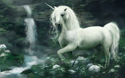 Unicornio blanco en una cascada