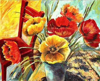 Poppies with Red Chair