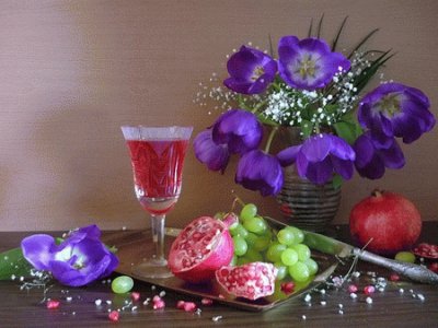 Tulips, Pomegranate, Grapes   Wine