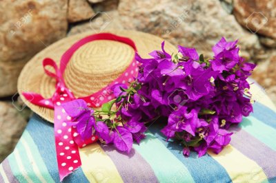 Purple Bougainvillea and  Straw Hat