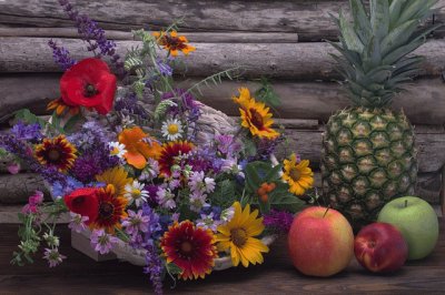 Flowers, Pineapple and Fruit-Still Life