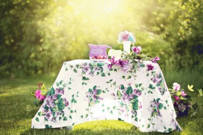 Summer Display Table in Morning Dew-Still Life