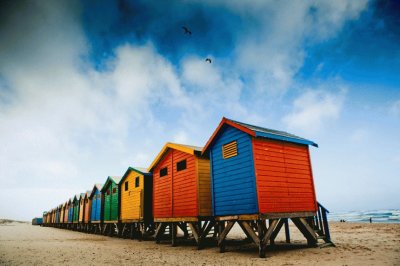 Colorful surfer shacks at Muizenberg Beach, Cape T