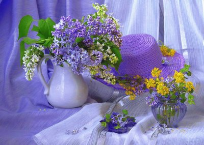 Pretty Flowers and Straw Hat-Still Life