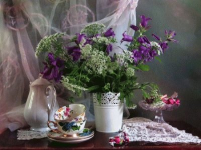 Vintage Tea Cups and Purple Flowers