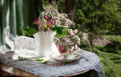 Pretty Tea Cup and Flowers in Fall Garden-Still Life