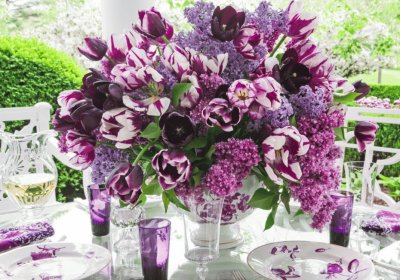 Gorgeous Centerpiece of Purple Tulips