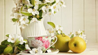 Gorgeous Flowers, Apples and Tea