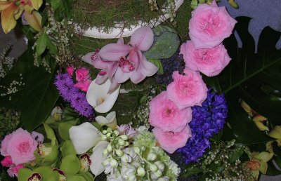 Pink, blue, white flower arrangement