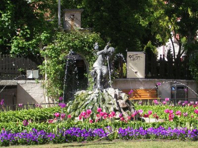 Tulips and fountain, Gotland, Sweden