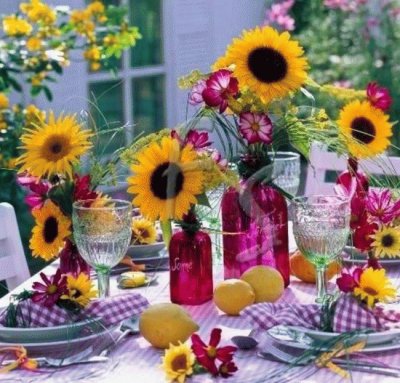 Sunflower Party Table on Purple Gingham