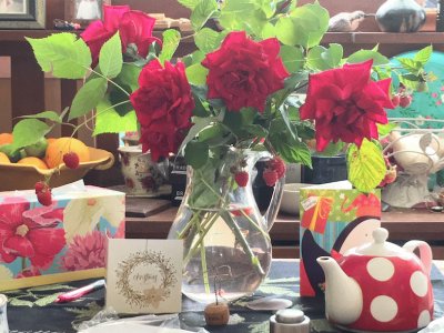 Red Garden Roses and Rasberries