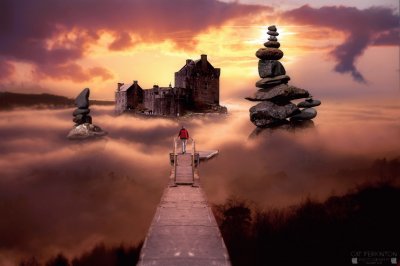 Castle mist fantasy sunset