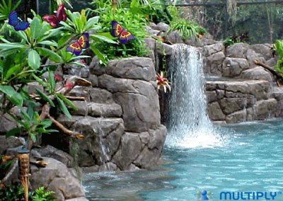 paisaje de una cascada con mariposas