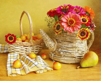 Vibrant Plums and Pears with Zinnia Flowers