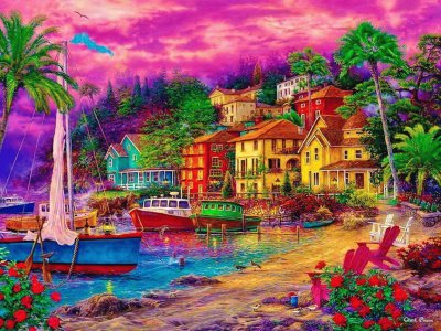 colorful landscape , houses, flowers