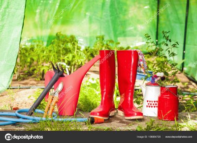 Red Gardening Tools and Boots