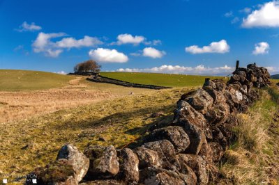 stone wall blue sky trees landscape