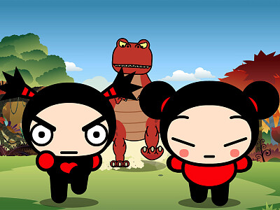 garu y pucca huyendo de un dinosaurio pucca