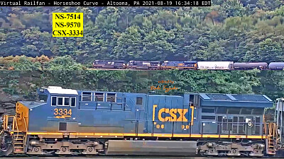 CSX-3334 on Horseshoe Curve in conset with NS-7514   NS-9570
