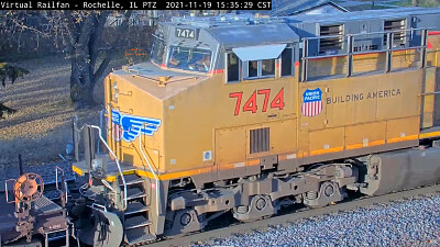 UP-7474 cab at Rochelle,ILL/USA