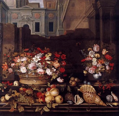 Still life sith flowers, fruit and shells