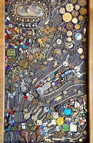 mosaic with keys, chain, pins, coins, and other