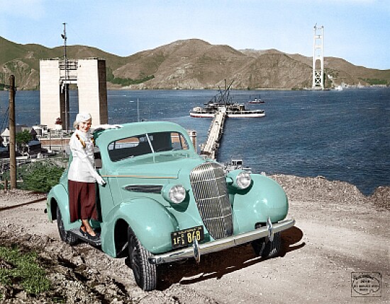 1935 Oldsmobile coupe and Golden Gate Bridge under